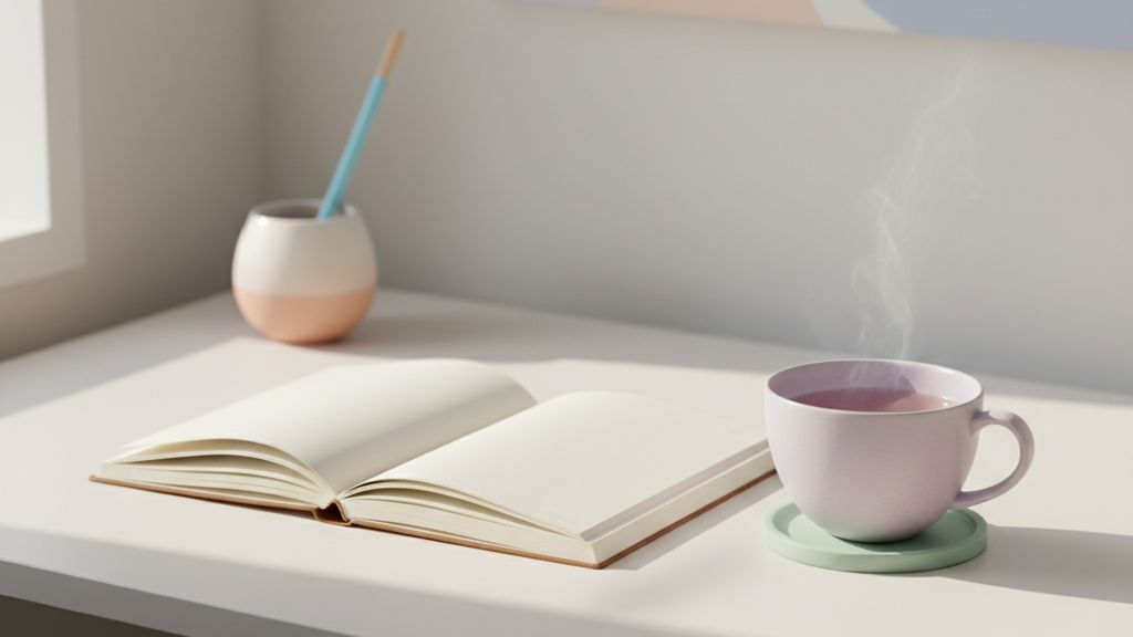 Calm pastel desk with an open notebook